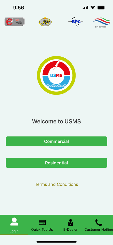 Welcome screen of the USMS mobile app with Commercial and Residential account selection buttons and bottom navigation menu.