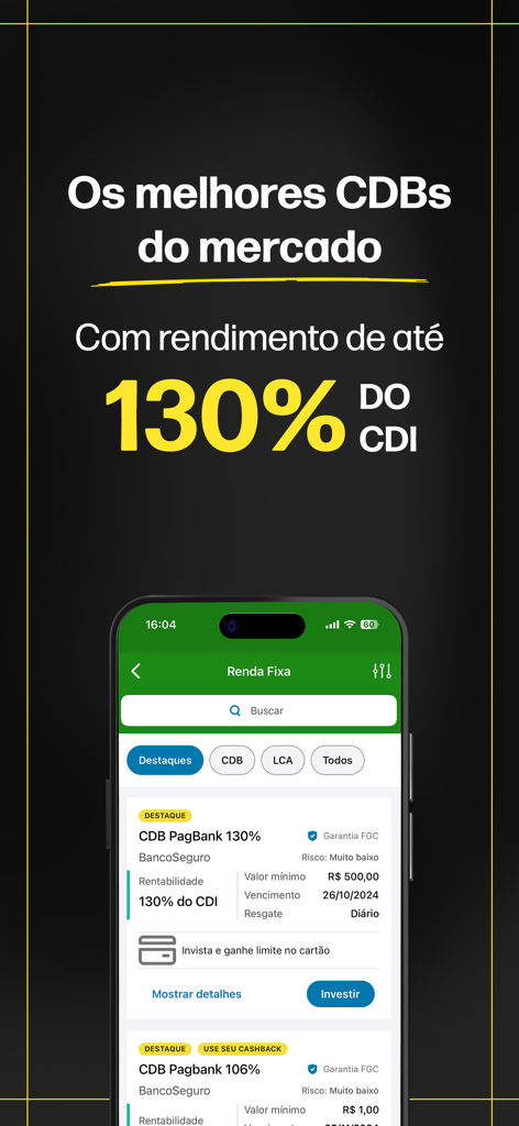 Banco PagBank mobile app displaying fixed income investment options with high yields of up to 130 percent of the CDI