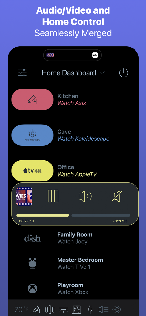 Home dashboard interface of the Roomie universal remote app showing control for multiple rooms and media playback