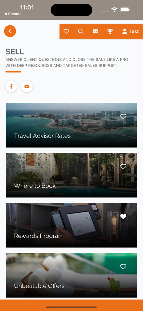 FA Travelty Collection Expert - Sección de ventas de la aplicación Experto en la Colección FA Travelty mostrando herramientas de ventas para asesores de viajes