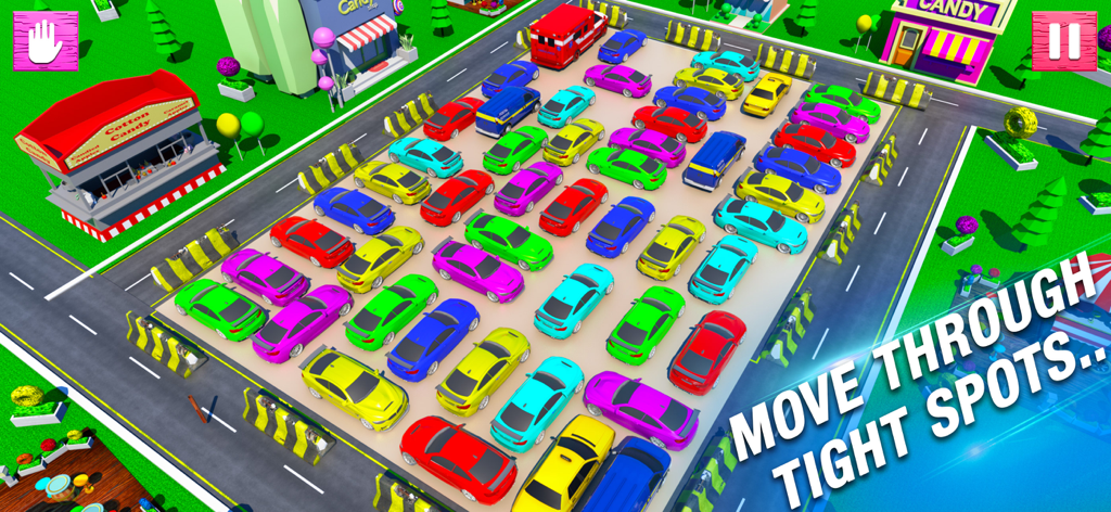 Colorful cars packed in a 3D parking jam puzzle with text saying move through tight spots