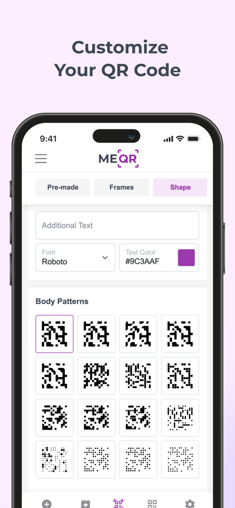 Mobile app interface showing options to customize QR code body patterns font and text colors