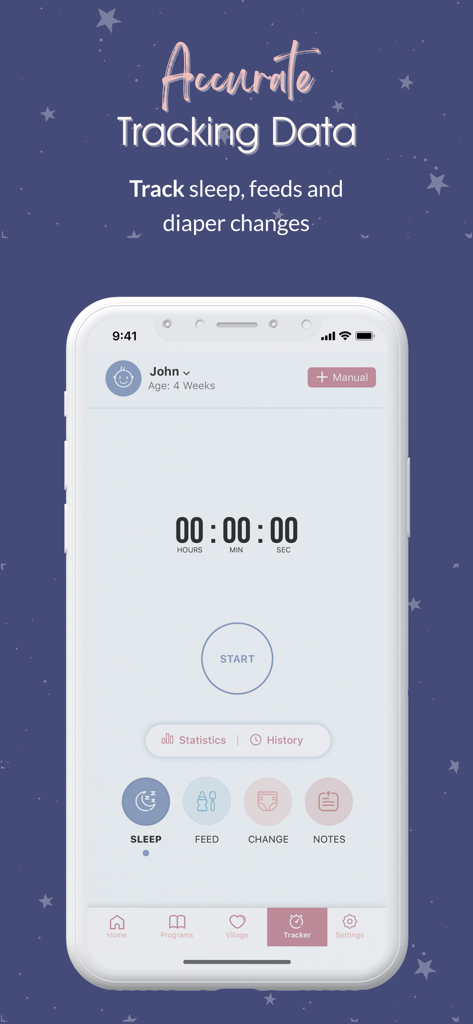 Little Ones™ - Screenshot of the Little Ones app showing the tracking interface for baby sleep, feeding, and diaper changes with a timer and daily activity icons.