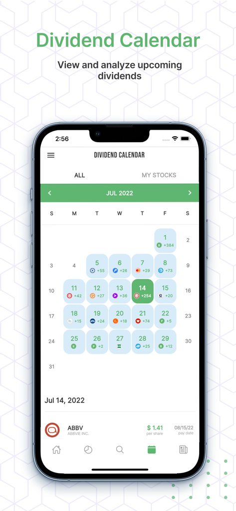 Mobile app screen displaying a monthly dividend calendar with upcoming payout dates and stock company logos.