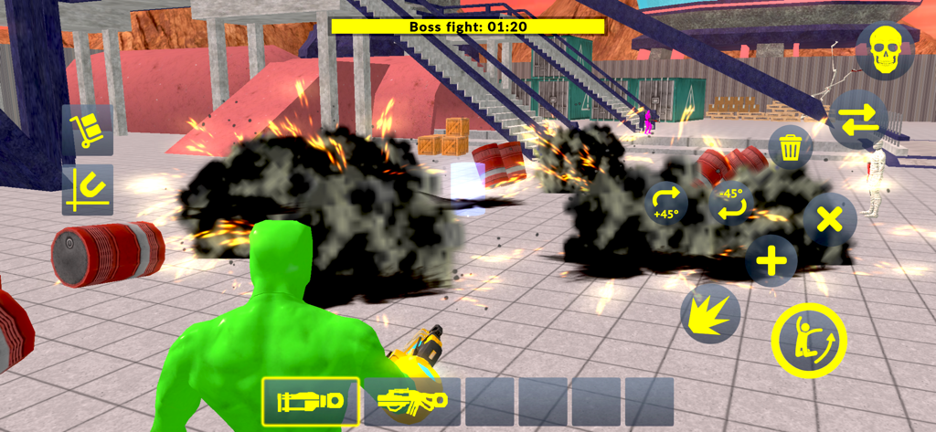 Green Sandbox - A green character participates in an explosive boss fight within the Green Sandbox game environment