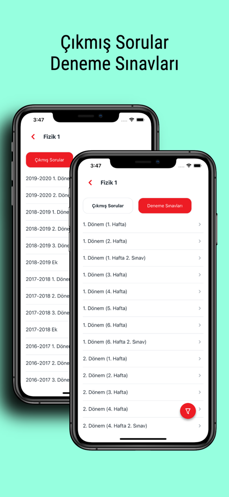 Interface of the AOL Soru app displaying a list of past and practice exam questions for Physics