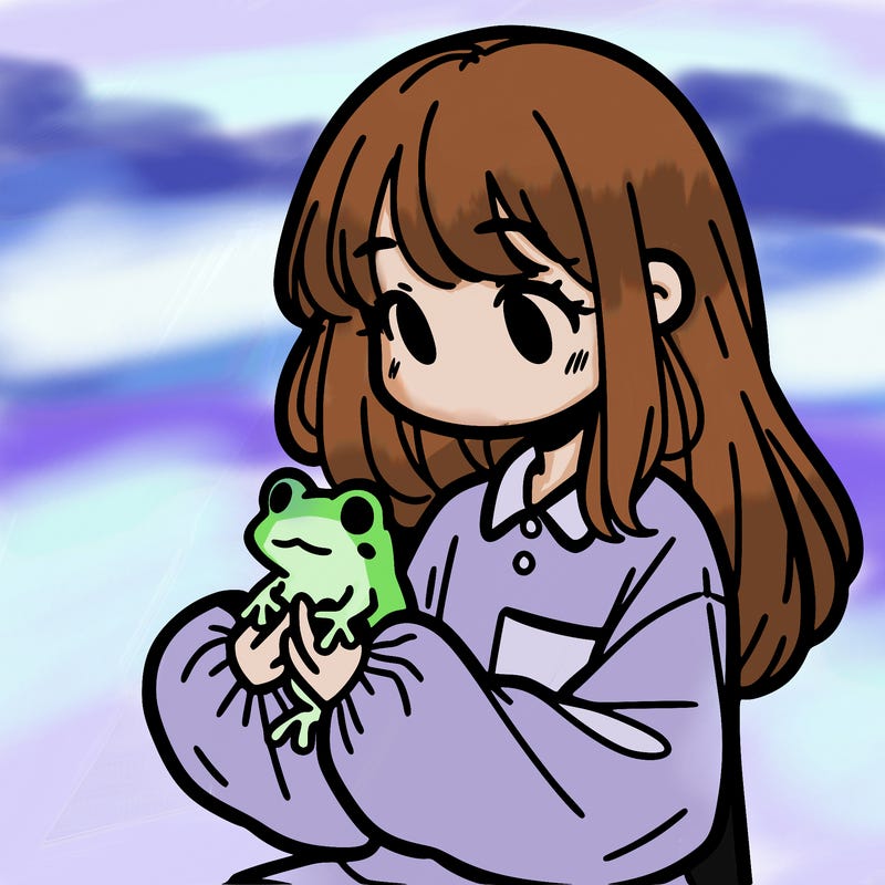 girl with long hair and a oversized shirt. and she is holding a frog