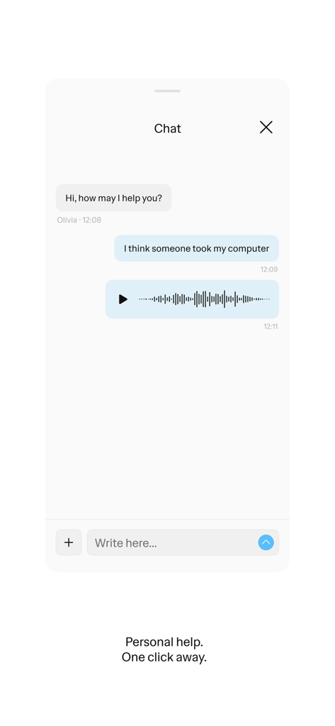 Hedvig - Hedvig app chat screen showing a user reporting a claim to a support agent via text and voice message