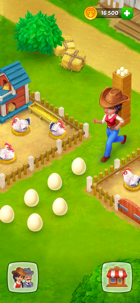 A cowgirl character running near a chicken coop collecting large eggs on a green farm field.