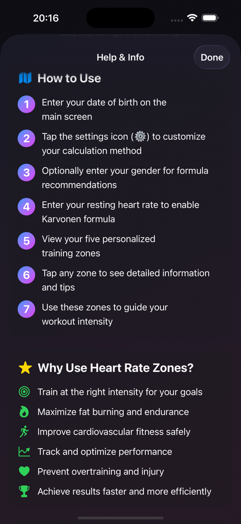 Help and info screen of the HRZones app showing how to use the application and the benefits of training with heart rate zones