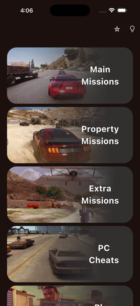 Menu principale dell'app GTA 5 che mostra le categorie per Missioni Principali, Missioni Immobiliari, Missioni Extra e Trucchi per PC