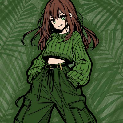 anime teen girl with baggy pants and crop top with sweater