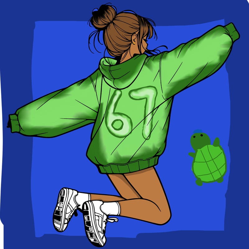 realistic girl jumping with a bun and oversized sweatshirt