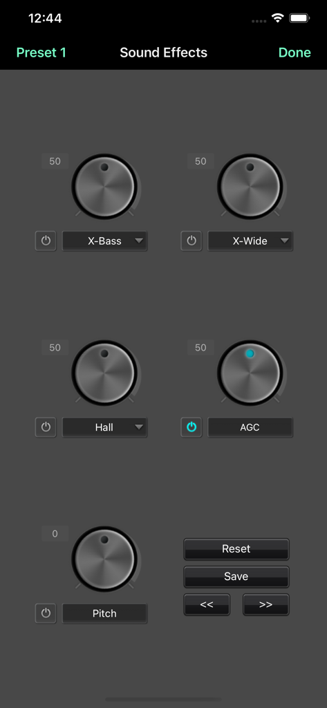 jetAudio Hi-Res Music Player - jetAudio app sound effects screen featuring dials for X-Bass, X-Wide, Hall reverb, AGC, and Pitch control