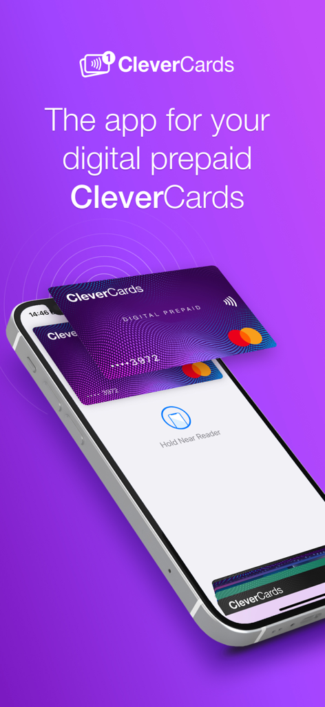 CleverCards - CleverCardsアプリのインターフェイスが表示されたスマートフォンの画面。非接触型決済用のデジタルプリペイドMastercardが表示されています。