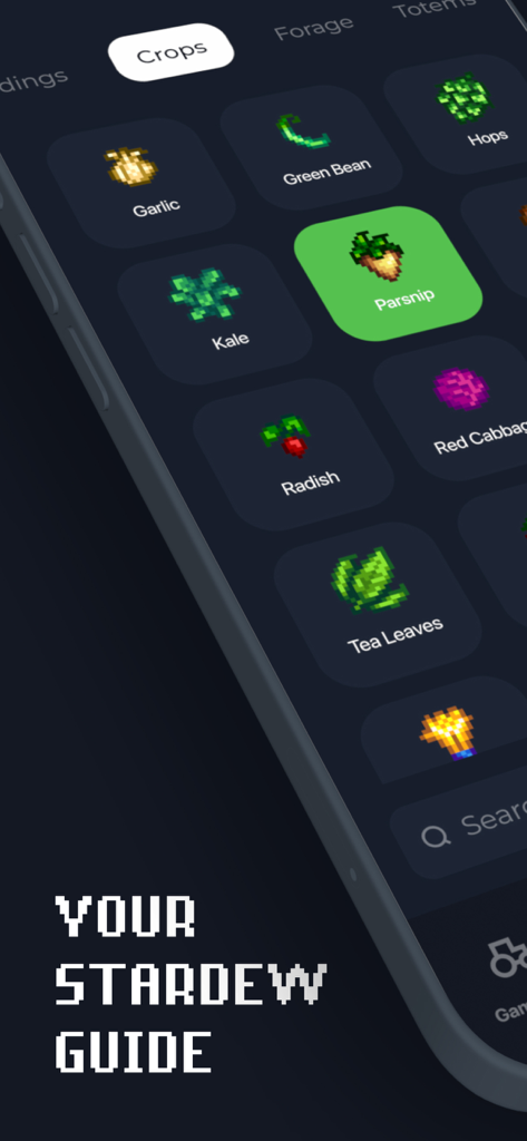 SV Guide - Schermata dell'app mobile SV Guide che mostra una griglia di colture di Stardew Valley con icone in pixel art