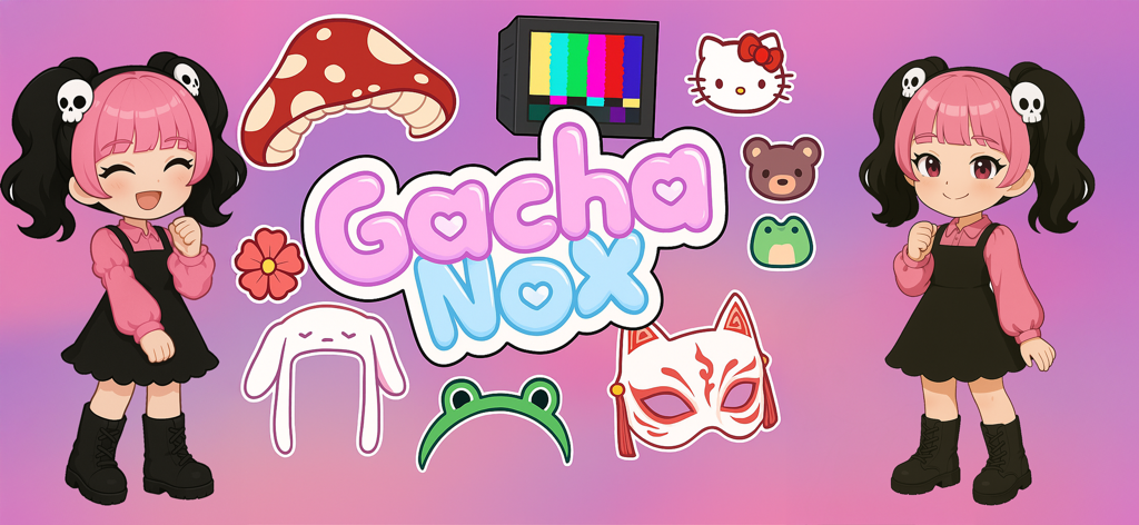 Gacha Nox Life World Game - Dos personajes Gacha Nox de pelo rosa rodeados de lindas pegatinas estéticas como un hongo y un gato