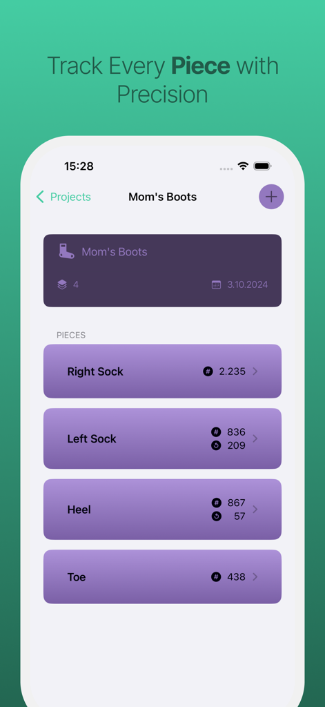 Screenshot of the Yarnify app showing the pieces of a knitting project titled Moms Boots with row counters for each section