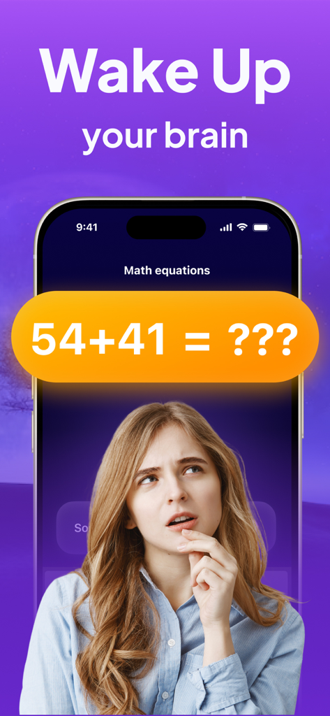 Alarm Clock: Wake up | - Una mujer resolviendo una ecuación matemática en la pantalla de la aplicación Reloj Despertador para activar su cerebro.