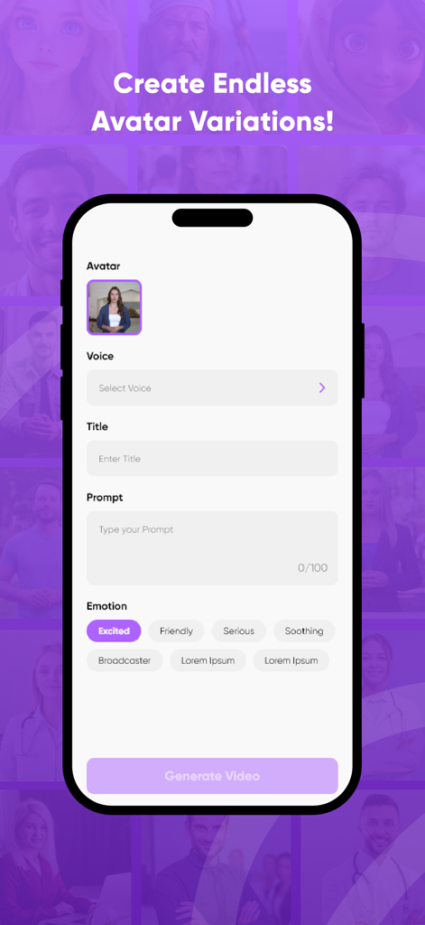 AI Avatar - Face Art Generator - Interface for generating AI avatar videos with customizable voice prompts and emotions