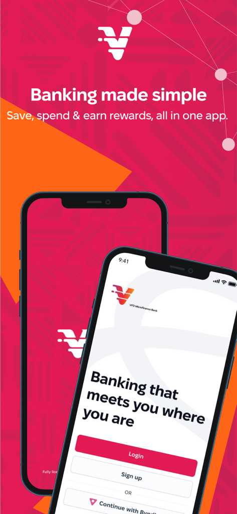 V by VFD - V by VFD mobile banking app interface showing login and signup buttons on an iPhone