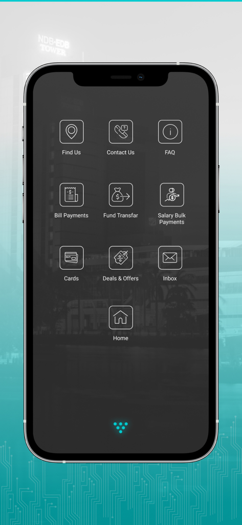 送金、請求書払い、給与管理のオプションが表示されたNeos Bizアプリのダッシュボード。