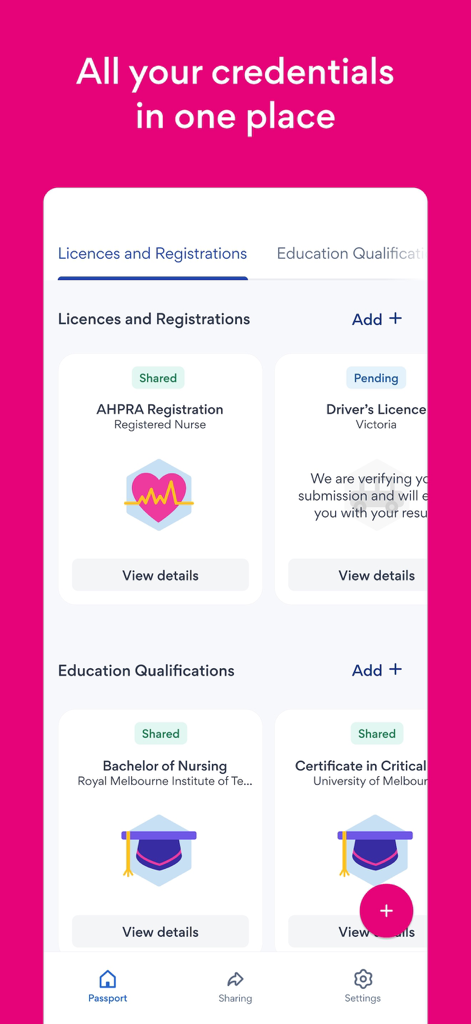 SEEK Pass - SEEK Passアプリのダッシュボードに、デジタルパスポートとして検証済みの専門免許と教育資格が表示されている