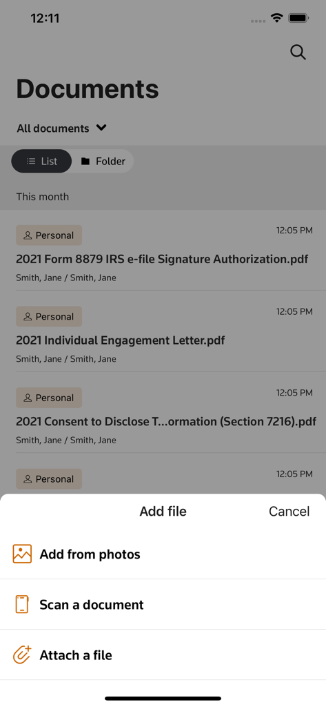 Onvio Client Center - App Onvio Client Center che mostra un menu con opzioni per scansionare un documento o allegare un file