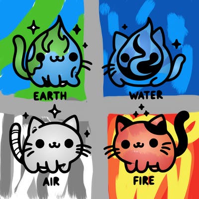 4 cats that represent the different elements, earth, water, air, and fire