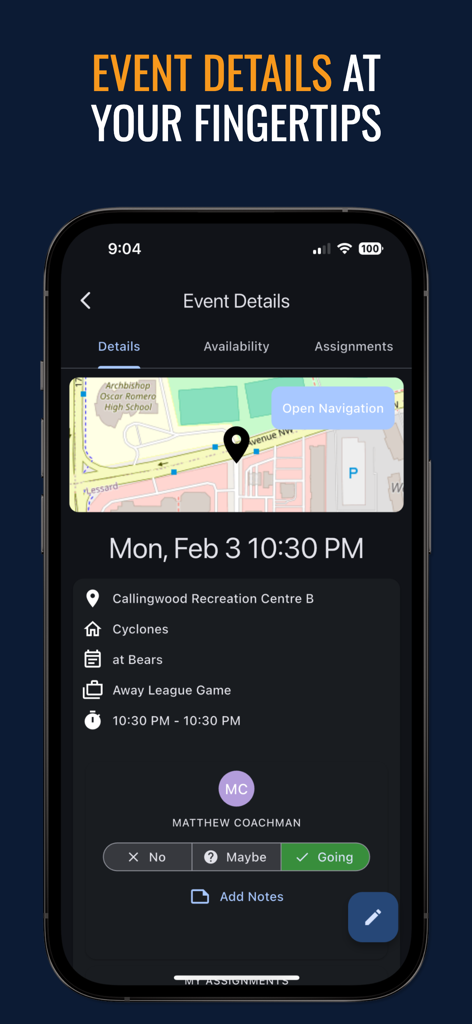 RAMP Team App Veranstaltungsdetailbildschirm mit Kartenstandort und Anwesenheitsverfolgung