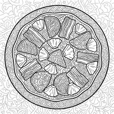 Indulge in a unique coloring experience with this Zentangle Hawaiian Pizza design. Its intricate patterns, from the ham to the pineapple, promise hours of calming, creative enjoyment.