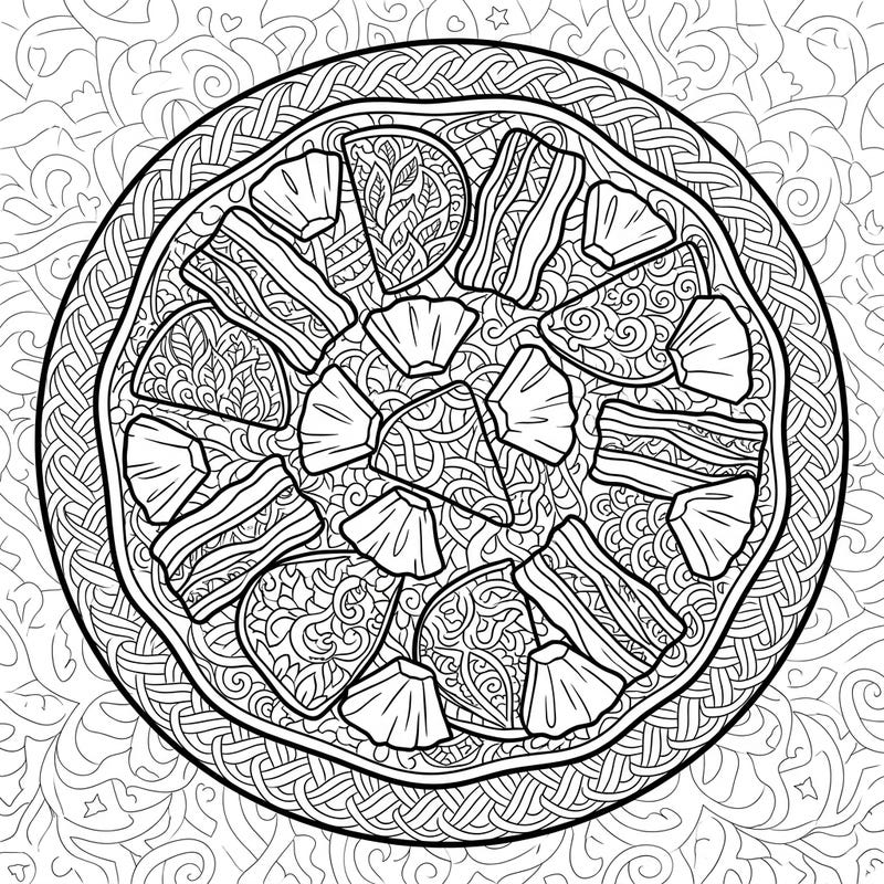 Indulge in a unique coloring experience with this Zentangle Hawaiian Pizza design. Its intricate patterns, from the ham to the pineapple, promise hours of calming, creative enjoyment.