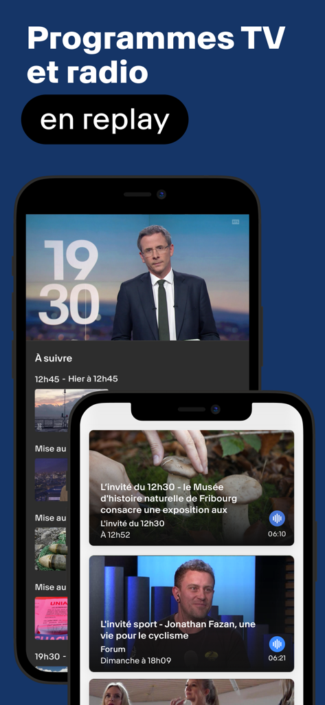 RTS Info : Toute l’actualité - Interface do aplicativo RTS Info mostrando programas de TV e rádio disponíveis para reprodução em dispositivos móveis.