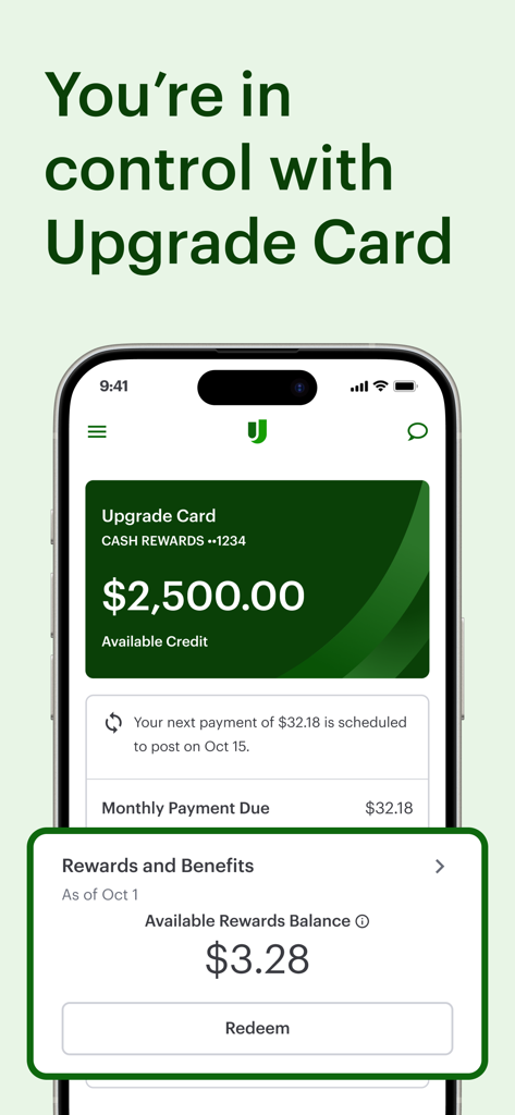Upgradeアプリダッシュボードには、利用可能なクレジットとキャッシュバック特典が表示されています