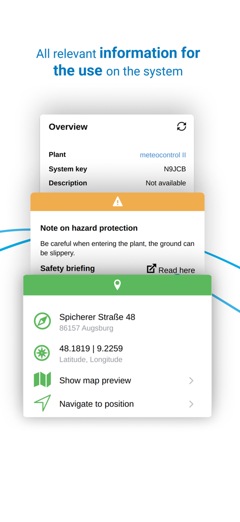 A mobile app interface displaying solar plant overview, hazard protection notes, and site navigation details.