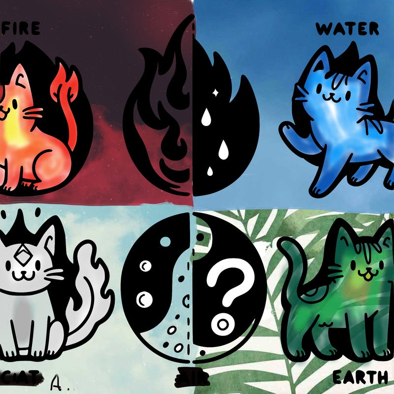 1 fire cat, 1 water cat, 1 air cat, 1 earth cat, split