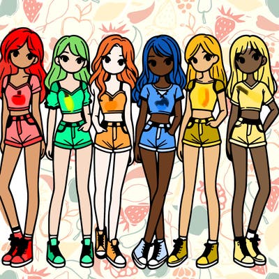 a group of girls wearing crop tops and shorts
