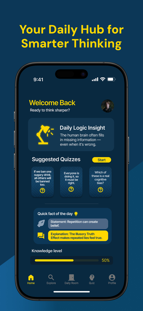 Мiniсhаt Apр - Smartphone displaying the home screen of the Minichat brain-training app featuring daily logic insights and suggested quizzes.