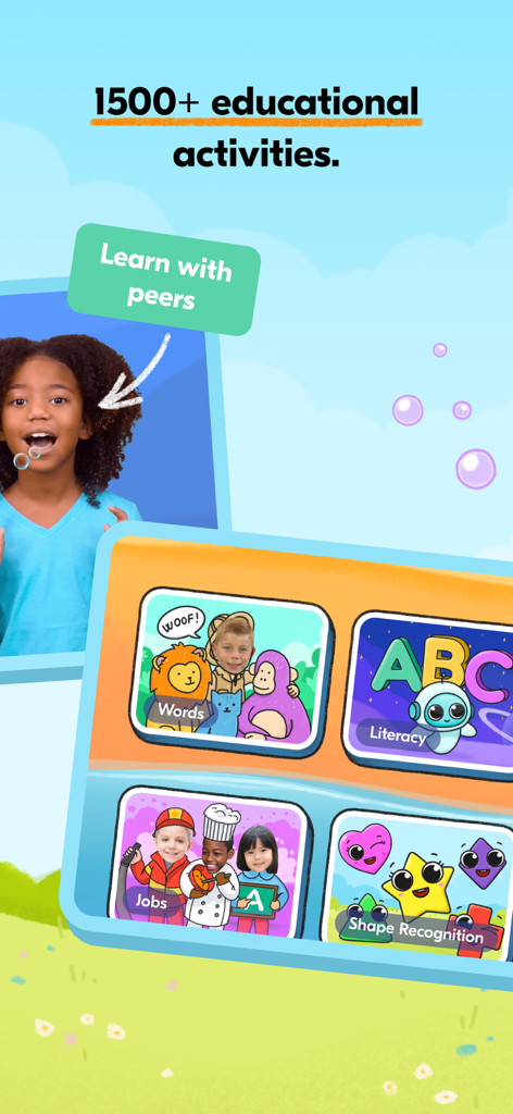 Speech Blubs app showing educational activities and peer video modeling for kids