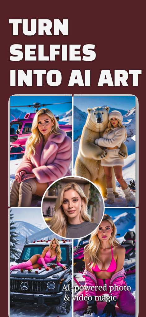 PixenAI: Photo & Video Creator - AI photo generator app displaying a selfie transformed into various creative and artistic scenes