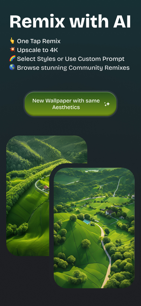 Palette Dark 8K Wallpaper - Interface of Palette app showing the AI Remix feature with 4K landscape wallpapers