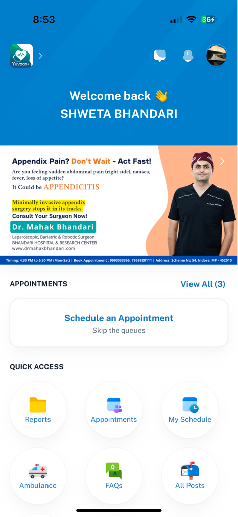 Yuvaan+ - Yuvaan plus medical app dashboard for managing hospital appointments and reports