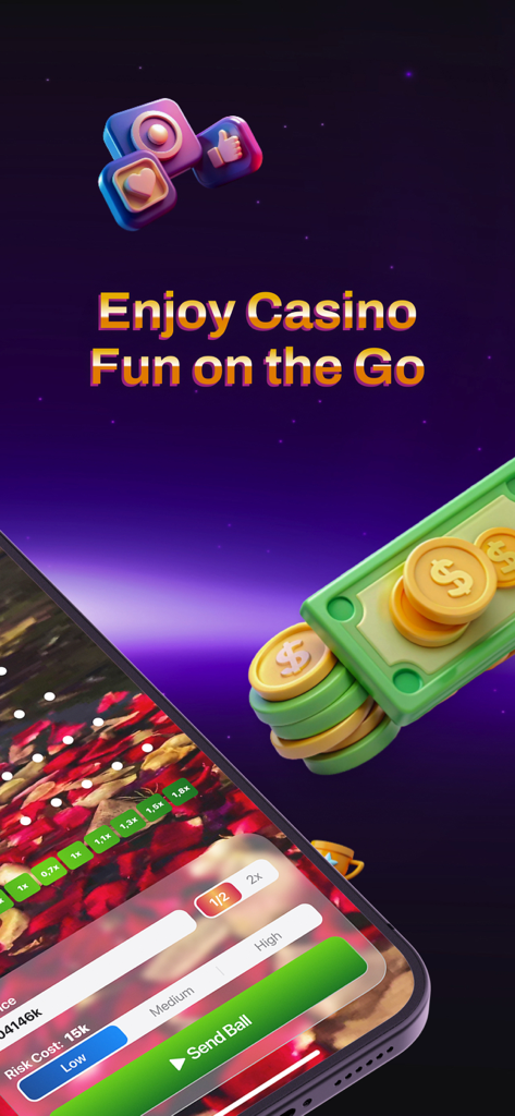 Smartphone mit einem Plinko-Spielbrett, Geld-Symbolen und dem Text Enjoy Casino Fun on the Go