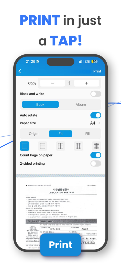 Tap & Print: Smart Air Printer - Mobile app interface showing advanced print settings and document preview on a smartphone