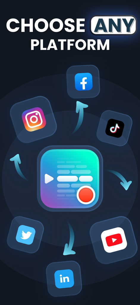 Icona dell'app TeleP circondata dai loghi di Instagram TikTok YouTube Facebook LinkedIn e Twitter con il testo Scegli qualsiasi piattaforma