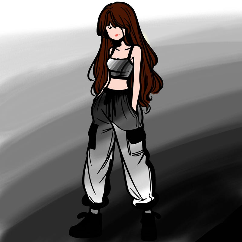 girl in baggy pants crop top and long hair