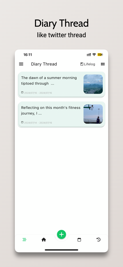 Lifelog Note - Interfaz de aplicación móvil de Lifelog Note que muestra un hilo de diario privado con entradas de texto y fotos en un diseño de estilo de redes sociales