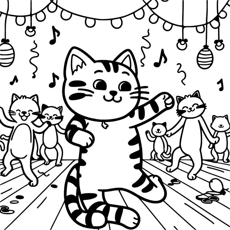 cat dancing in a party with other cats dancing in the background