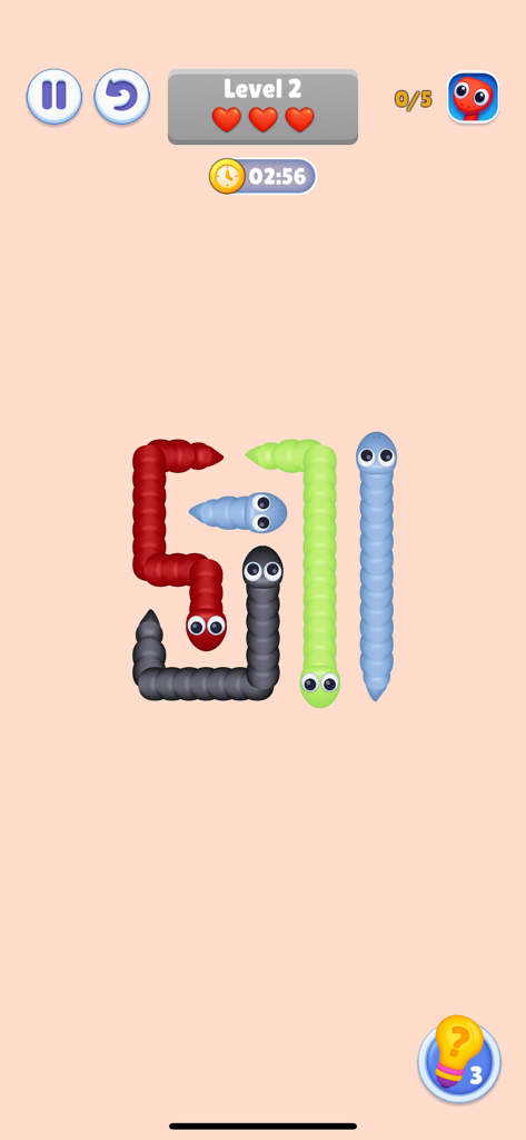 Bakeonix: Snake - Gameplay screen of Bakeonix Snake showing colorful snakes in a logic puzzle maze level.