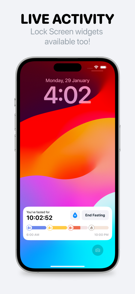 Easy Fast Tracker－FastMinder - Widget de atividade ao vivo do aplicativo rastreador de jejum FastMinder na tela de bloqueio do iPhone.